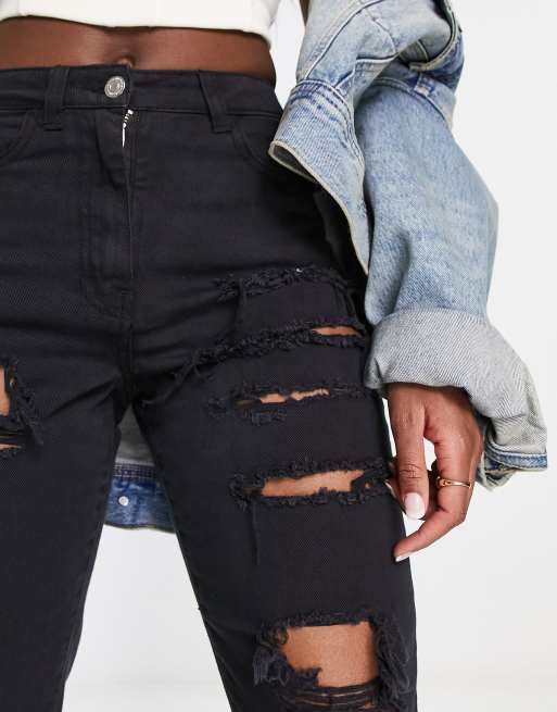 Parisian extreme ripped boyfriend jeans in acid wash