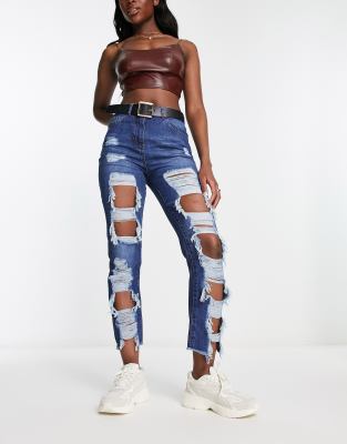 Parisian Extreme Ripped Boyfriend Jeans In Dark Blue