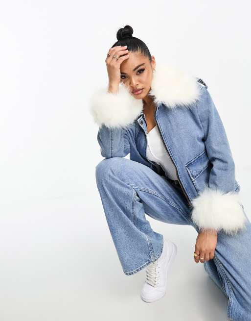 Parisian Faux Fur Trim Denim Jacket in Blue - ASOS Outlet