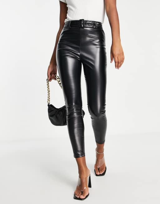 Parisian faux-leather belted pants in black
