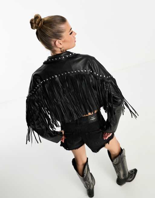 Black Faux Leather Fringe Cropped Jacket