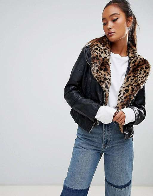 Parisian Faux Leather Jacket With Leopard Collar | ASOS