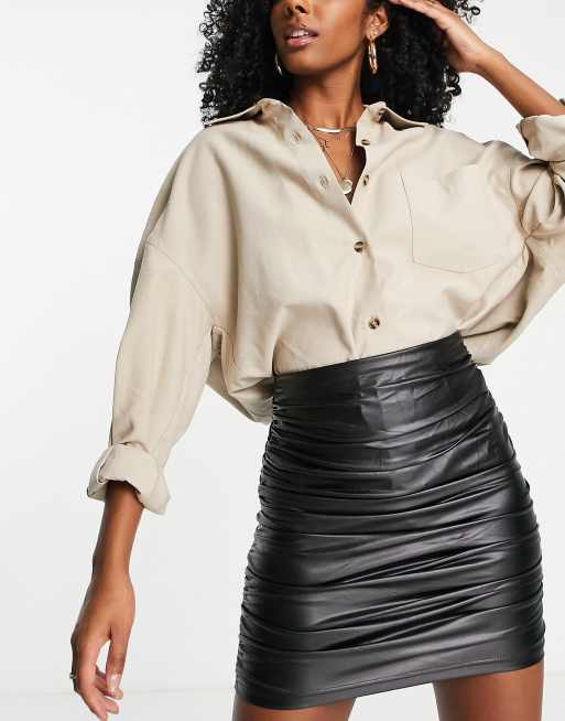 Black leather ruched on sale skirt