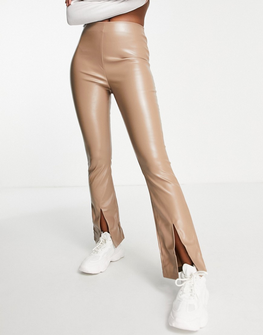 Parisian faux leather split front flare pants in mocha-Brown