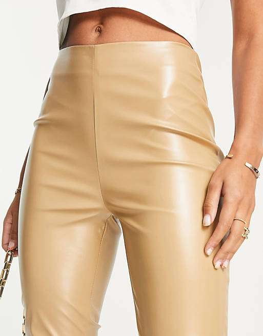 Parisian faux leather split front pants in camel