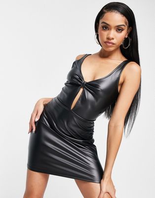 Parisian faux leather twist front mini dress in black