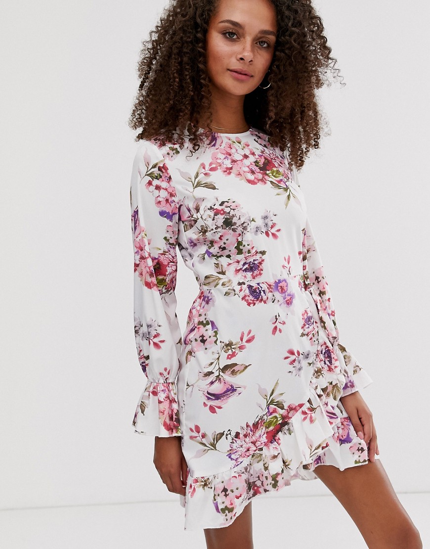 Parisian floral mini dress with fluted sleeve detail-Cream