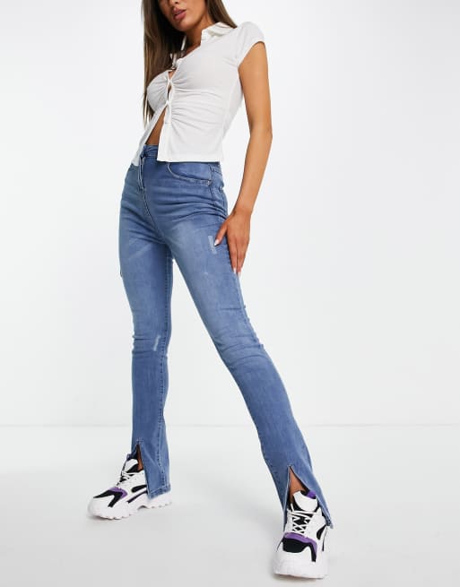 DTT Phoebe belted low rise wide leg jeans in light wash blue, ASOS