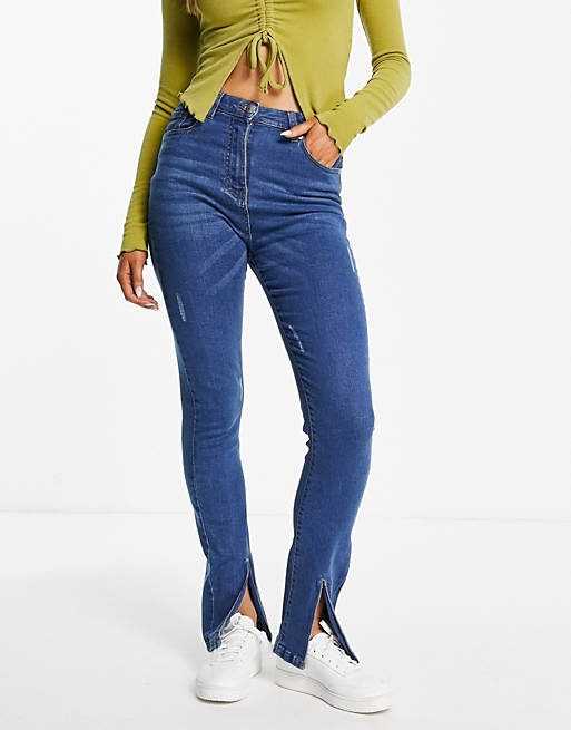Parisian front split flared jeans in mid blue