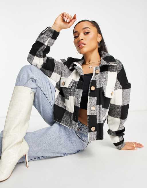 Parisian - Geborsteld cropped shacket met zwarte en witte ruiten