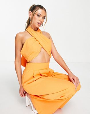 Parisian halter neck cross front top and wide leg trousers set in orange