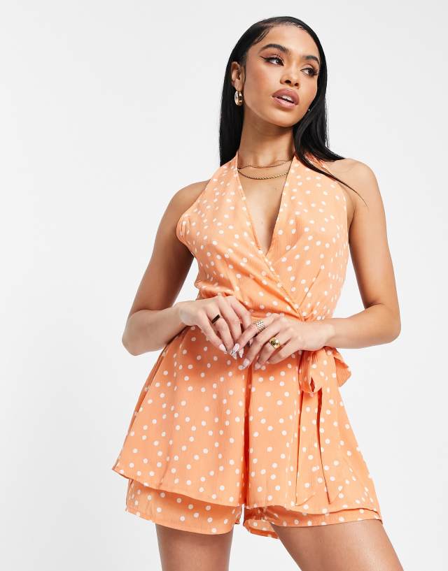 Parisian halter neck wrap front romper in orange polka dot