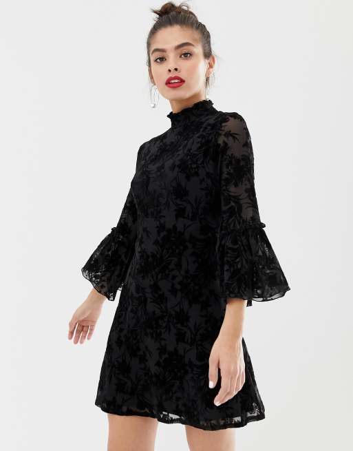 Parisian high neck floral lace dress with flare sleeve