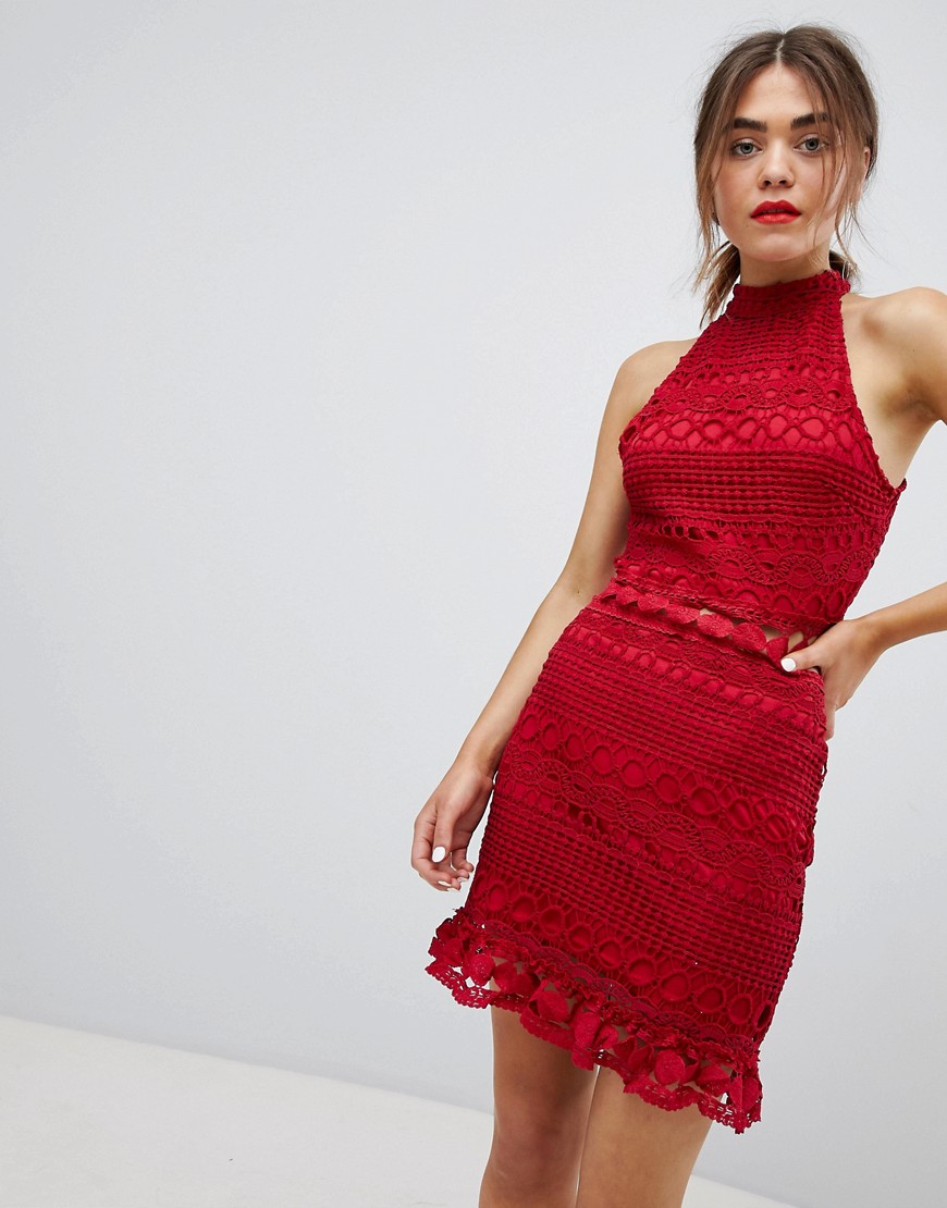 Parisian High Neck Lace Dress-Red