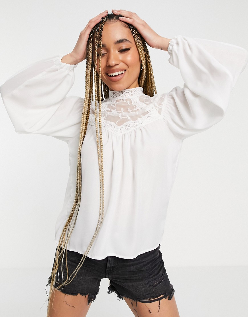 Parisian high neck lace front blouse in white