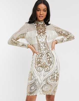 high neck sequin midi dress