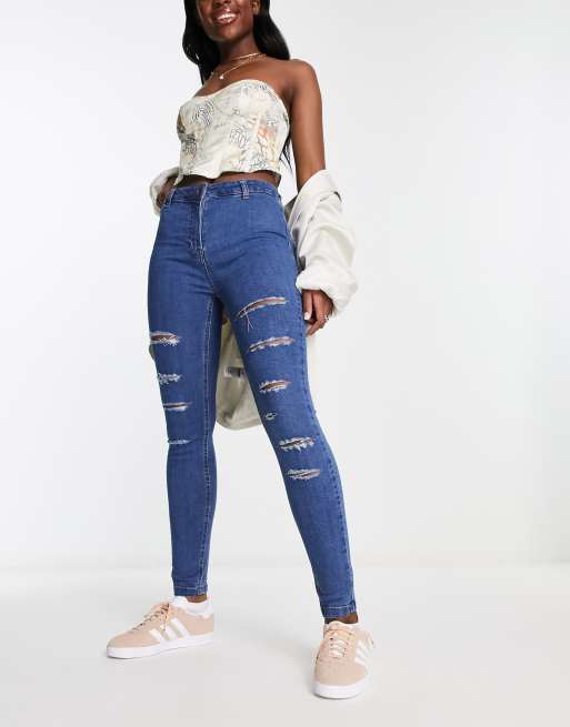 Super High Waisted Distressed Floral Printed Skinny Jeans