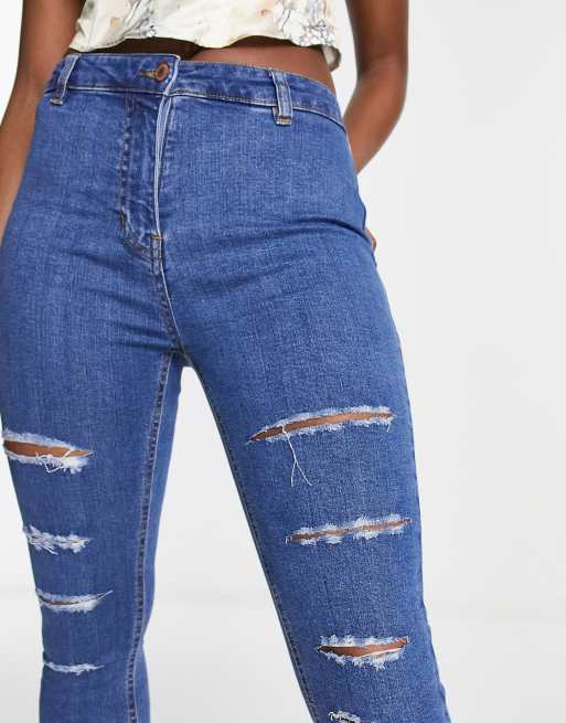 Parisian high waisted multi rip skinny jeans in mid blue