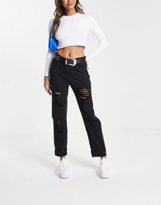 Parisian extreme rip mom jeans in charcoal - ASOS Price Checker