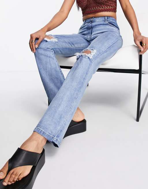Parisian - Jeans dritti a vita alta blu con strappi sulle ginocchia