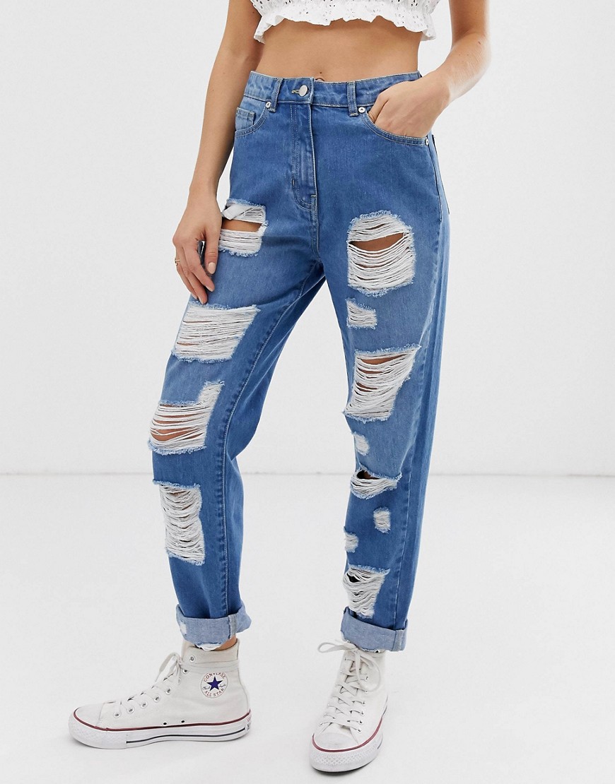 Parisian - Jeans met hoge taille en extreme distressing-Blauw
