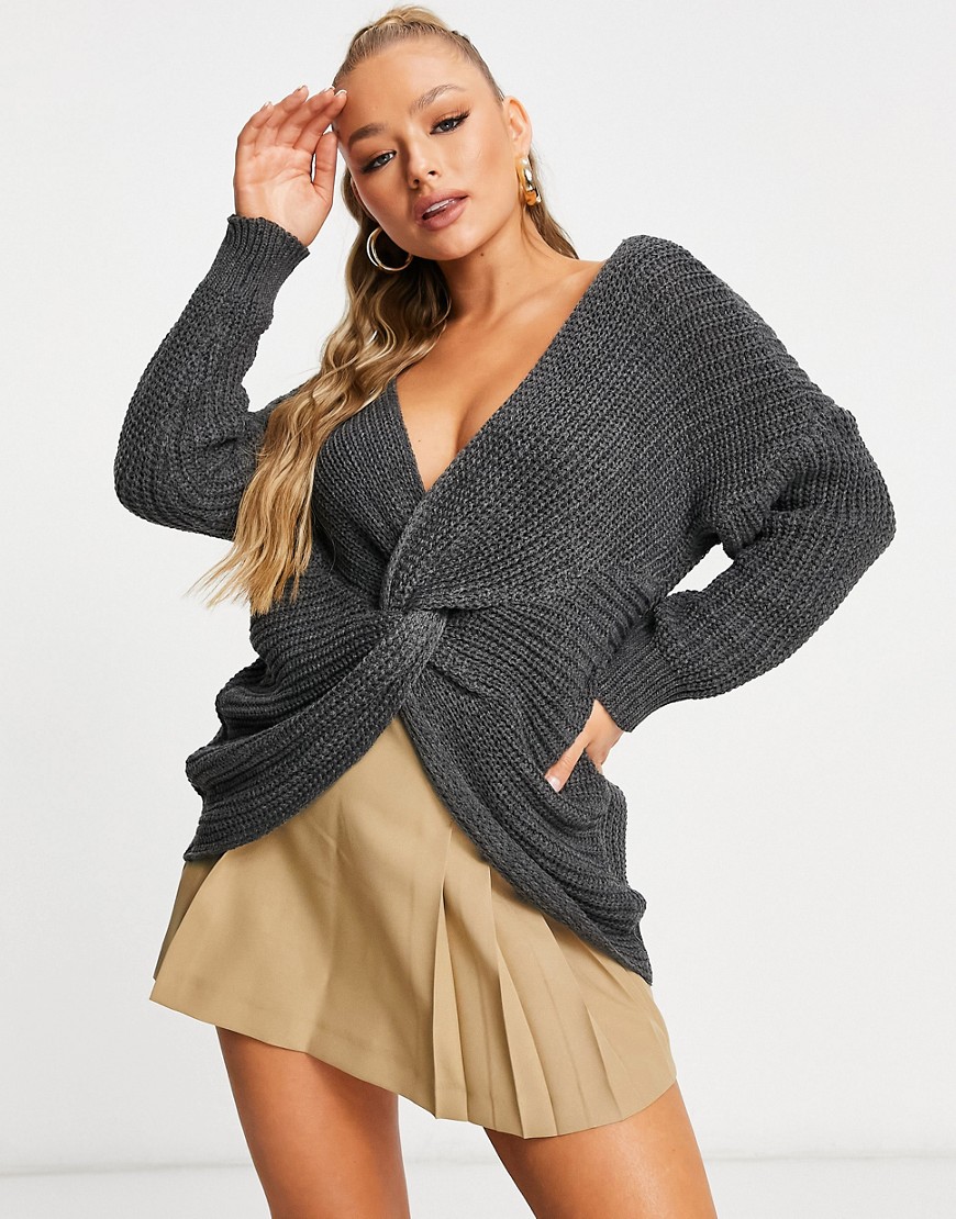 Parisian knot front sweater in charcoal-Grey