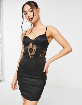 Parisian - Körperbetontes Camisole-Minikleid mit Spitzeneinsatz in Schwarz