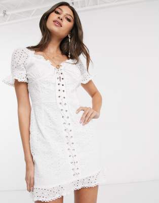 white lace up front dress