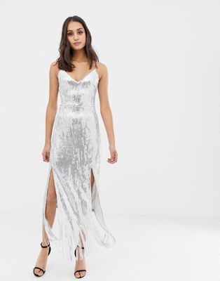 Parisian - Lange jurk met lovertjes en afgewerkt met kwastjes-Zilver