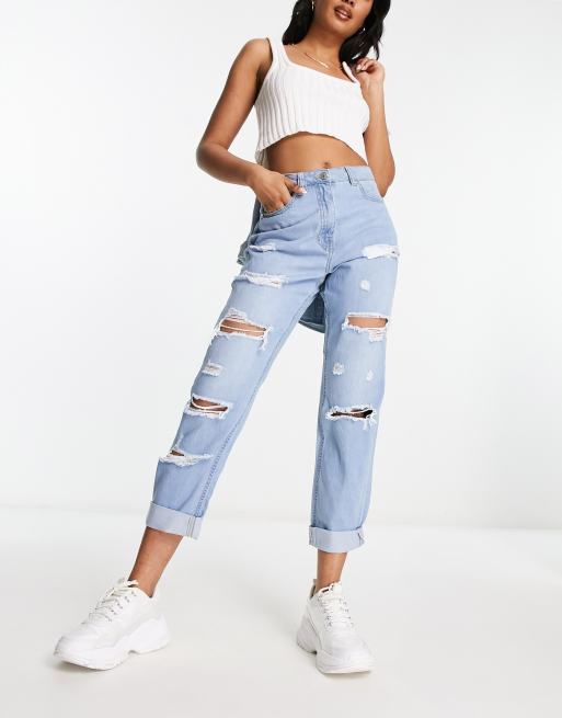 Super High Waisted Light Wash Ripped Modern Straight Jeans