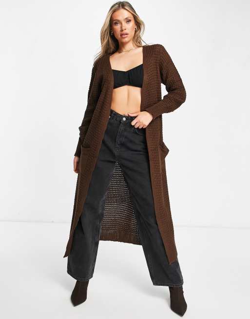 Parisian long cardigan with pockets in chocolate brown