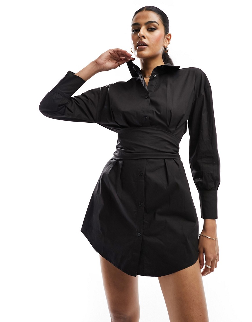 Parisian long sleeve dress with eyelet lace up belt in black