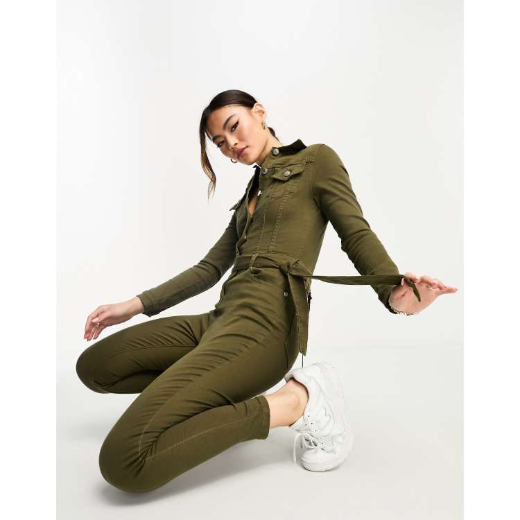 Parisian long sleeve tie waist denim jumpsuit in khaki ASOS