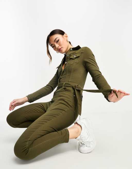 Parisian long sleeve tie waist denim jumpsuit in khaki | ASOS