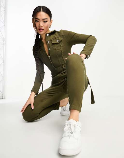 Parisian long sleeve tie waist denim jumpsuit in khaki