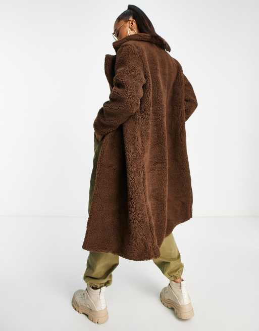 Parisian long teddy coat in chocolate brown