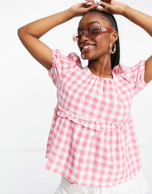 Parisian - Lyserød gingham-ternet bluse med pufærmer
