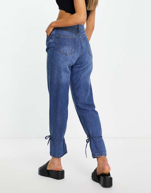 Parisian – Mellanblå boyfriend-jeans med knytning vid benen, 2 av 4