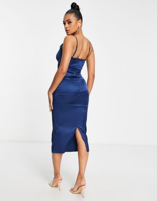 Parisian – Midikleid aus Satin in Navy mit Camisole-Trägern und Wasserfallausschnitt, 2 von 4