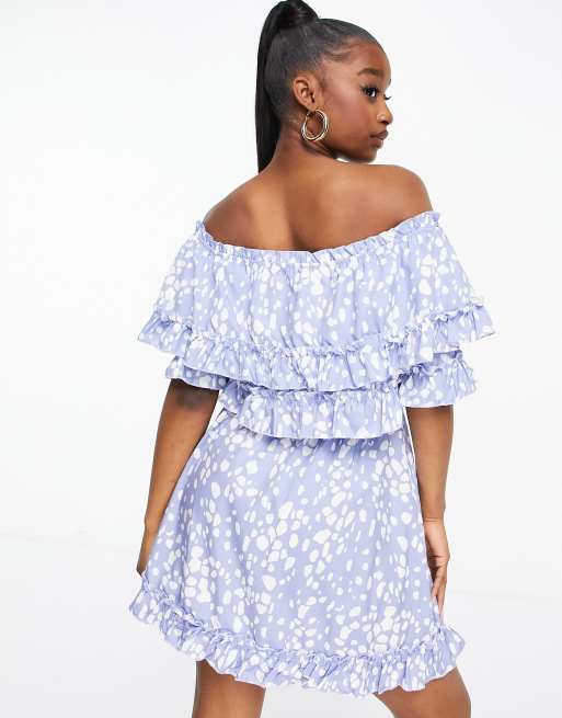 Parisian - Mini jurk met blote schouders en volanten in blauw, 4 van 4