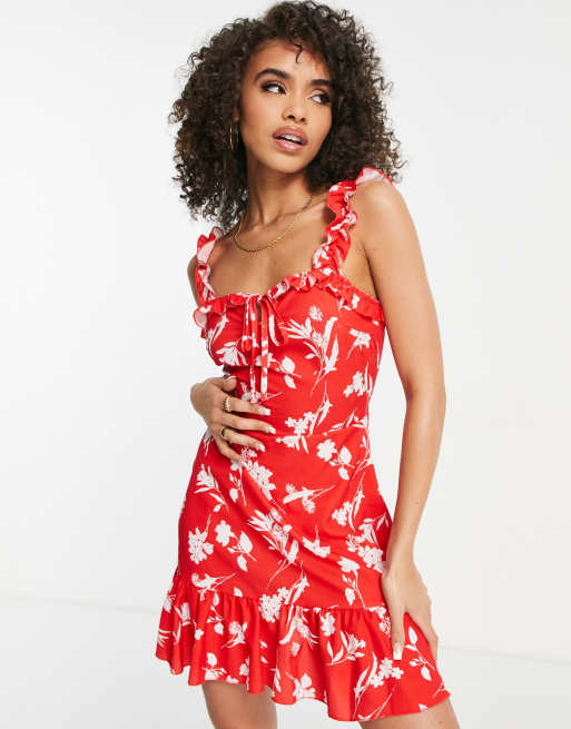Parisian – Minikleid in Rot mit gerüschten Trägern und Blumenmuster