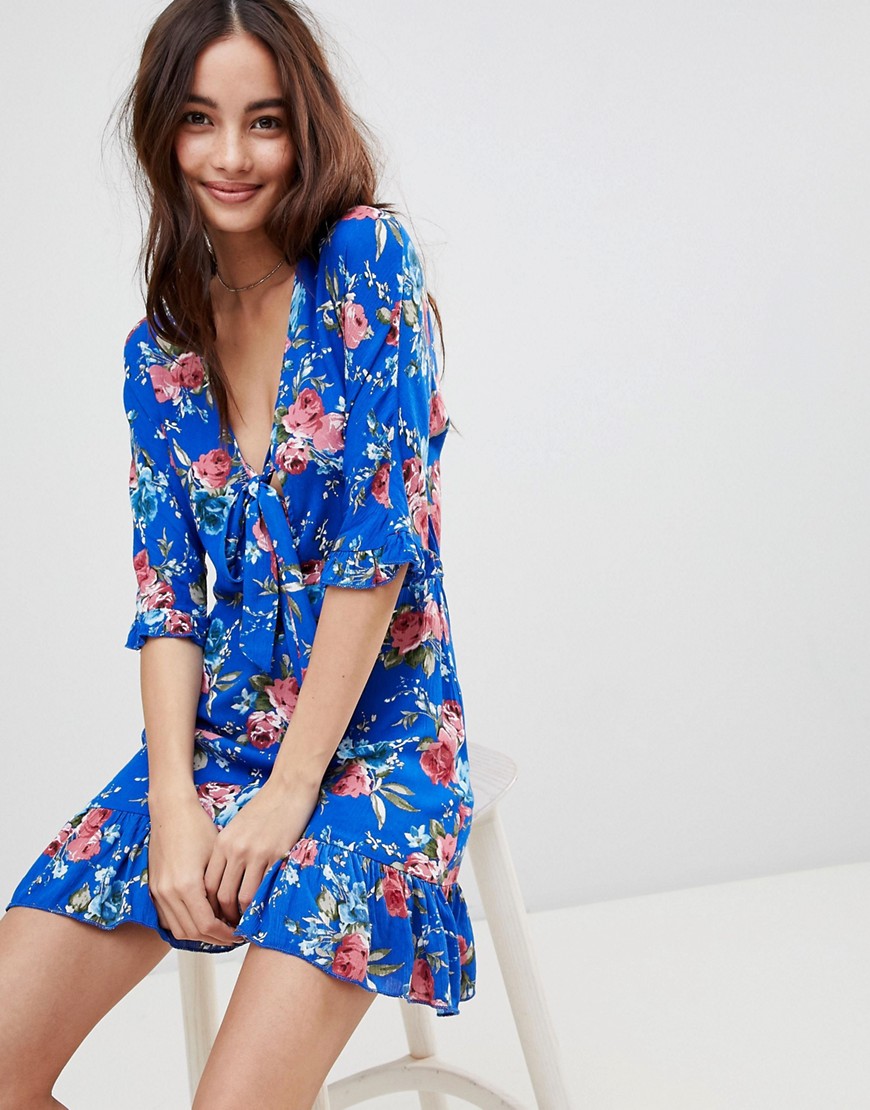Parisian - Nette jurk met bloemenprint en strik aan de voorkant-Blauw