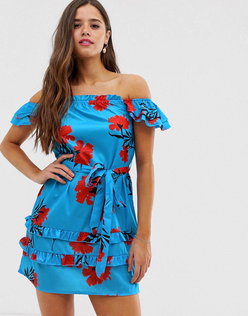 Parisian off shoulder dress with tie waist in bold floral print-Blue