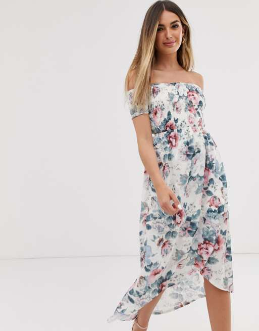 Parisian off shoulder midi dress in floral print | ASOS