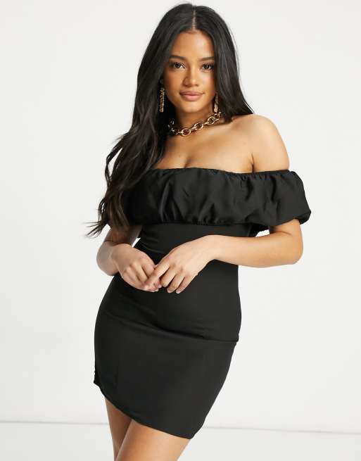 Parisian off shoulder puff sleeve mini dress in black