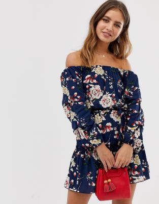 navy floral off the shoulder dress