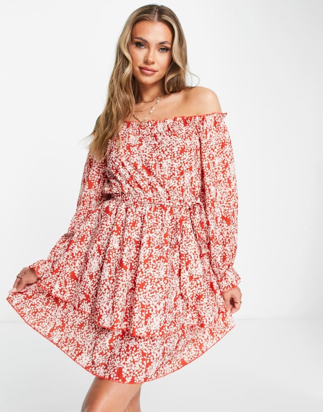 Parisian off shoulder tie waist mini dress in red floral print