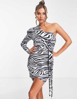 Parisian Parisian one shoulder asymmetric mini dress in zebra print-Multi