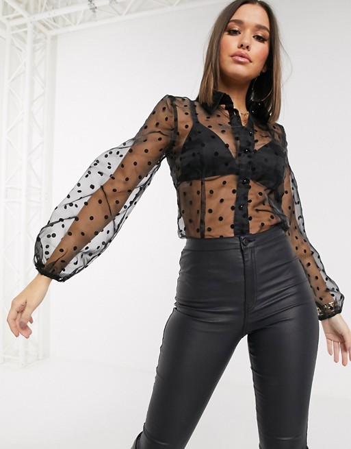 Parisian organza polka dot blouse with volume sleeves in black | ASOS