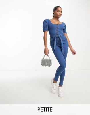 Parisian Petite belted denim jumpsuit in mid wash blue